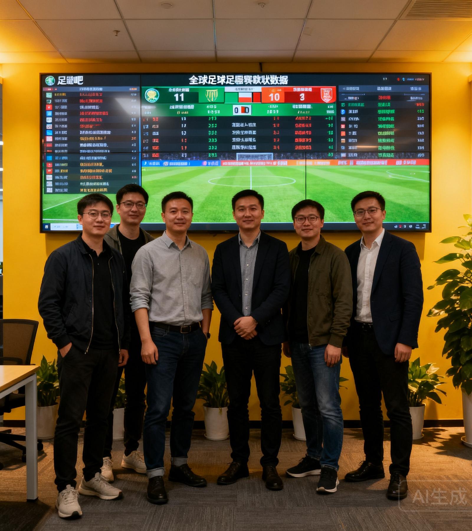 足球吧创始团队在北京办公室的合影，背景墙上是全球足球联赛数据大屏，展示着实时滚动的比分和数据流