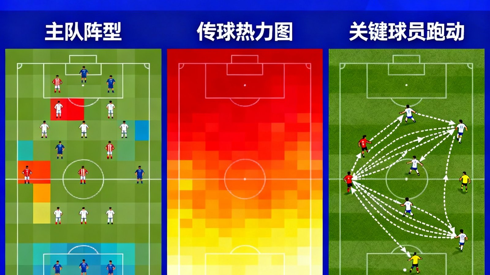 欧冠半决赛战术分析图解，展示双方阵型变化、传球路线热力图和关键球员跑动轨迹